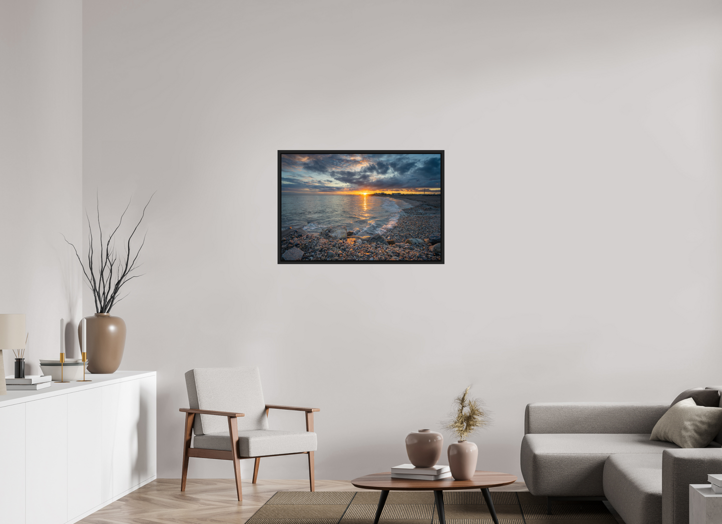 36 x 24″, Premium Photo Print under Acrylic Glass with Black Wood Floater Frame Roger Wheeler State Beach Sunset