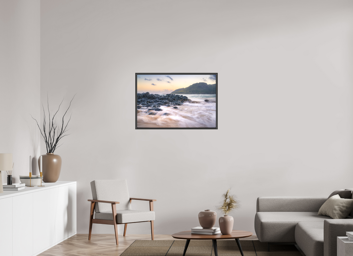 36 x 24″, Matte Canvas Print with Black Wood Floater Frame Lihue Sunset