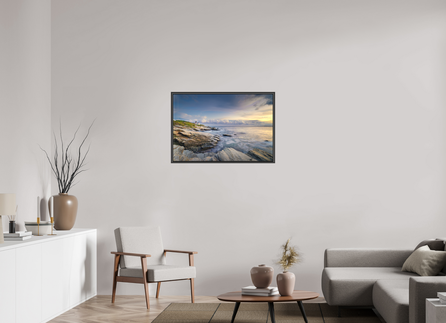 36 x 24″, Matte Canvas Print with Black Wood Floater Frame Twilight at Beavertail Lighthouse