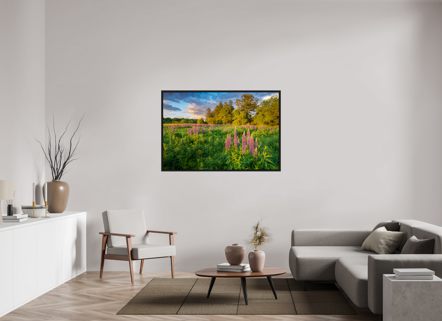 54 x 36″, Premium Photo Print under Acrylic Glass with Black Wood Floater Frame Lupines at Golden Hour
