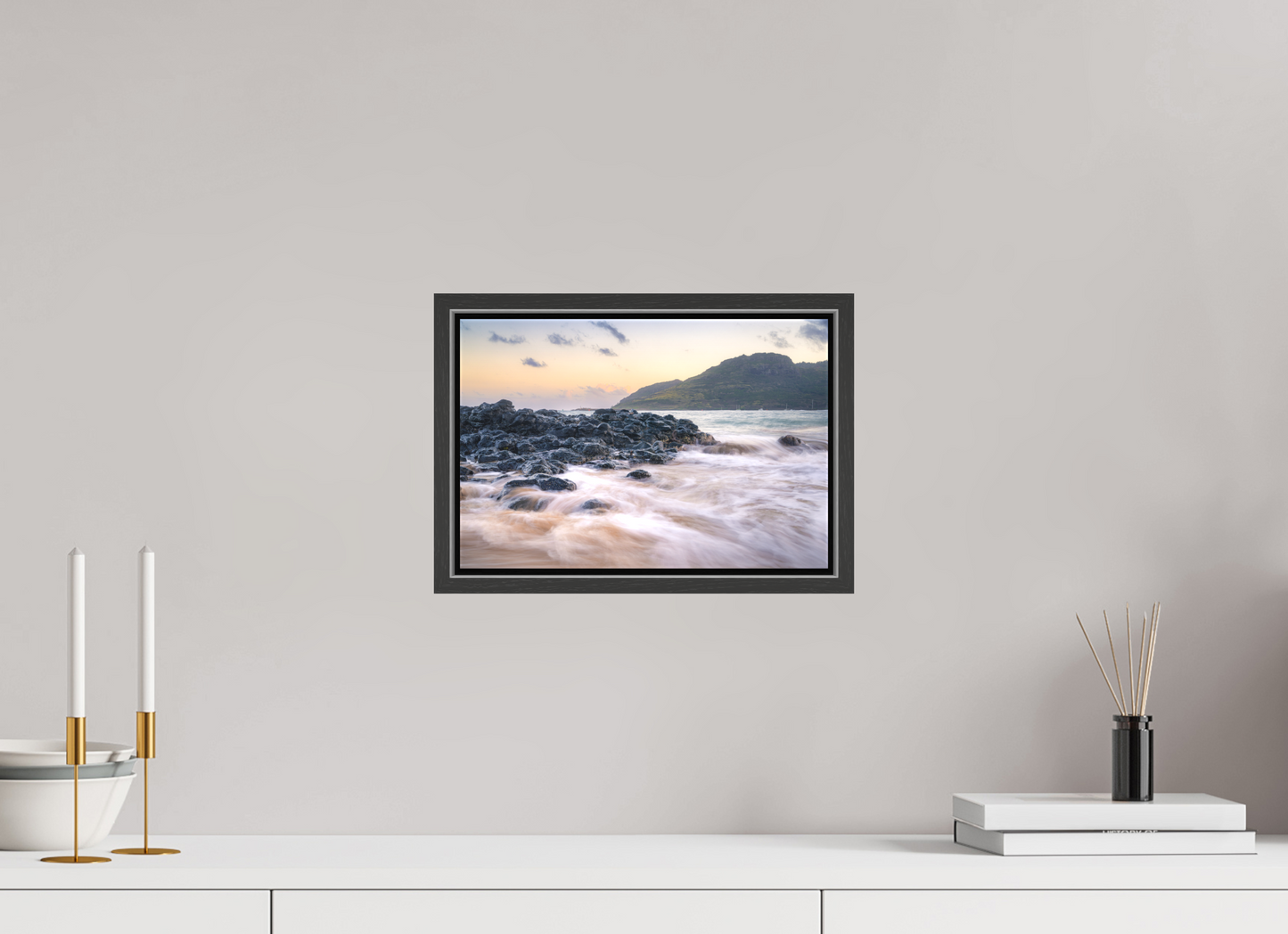 12 x 8″, Matte Canvas Print with Black Wood Floater Frame Lihue Sunset