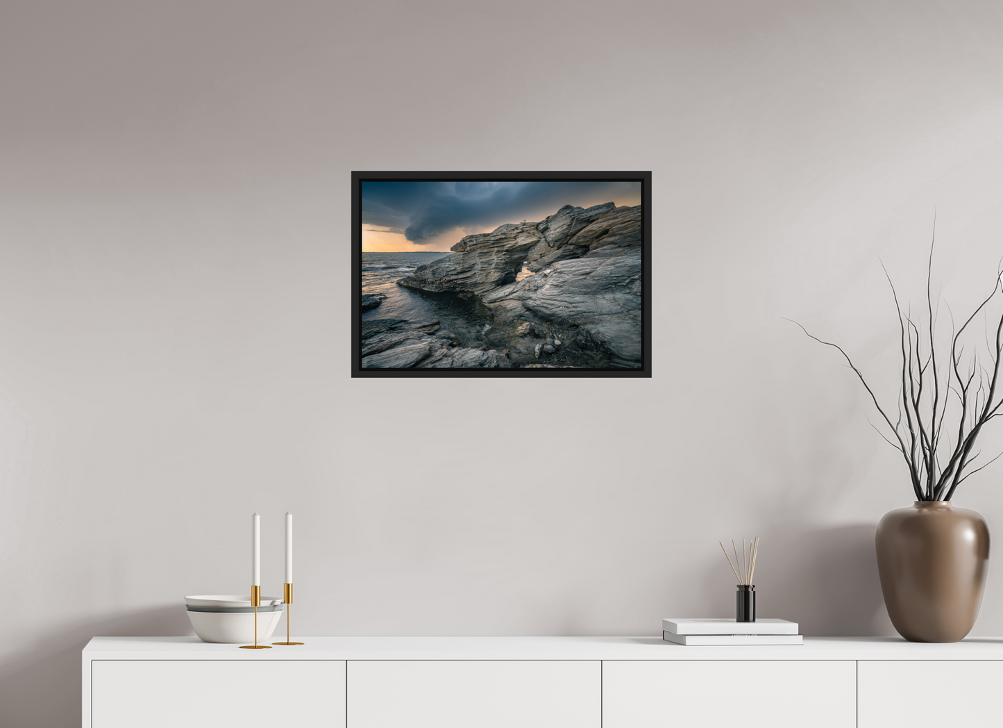 24 x 16″, Premium ChromaLuxe HD Aluminum Metal Print with Black Wood Floater Frame Thunderstorm Over Beavertail Arch