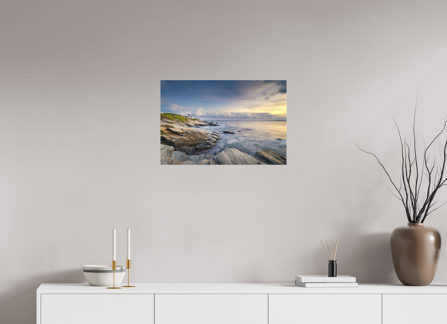 24 x 16″, Matte Canvas Print Twilight at Beavertail Lighthouse