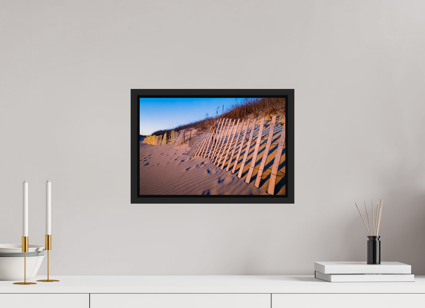 15 x 10″, ChromaLuxe HD Metal Print with Black Wood Floater Frame Sunset Glow on Sand Hill Cove Dunes