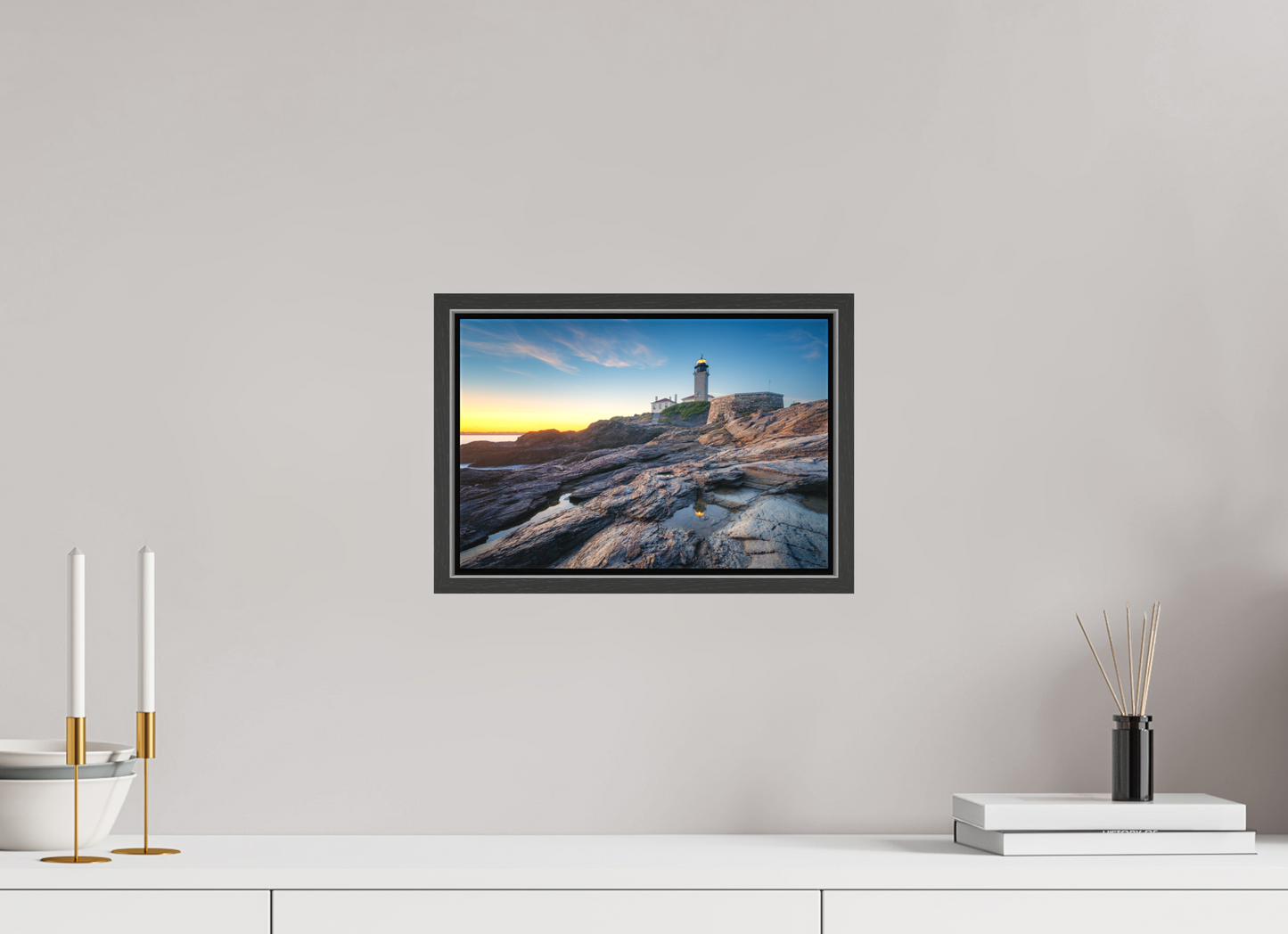 12 x 8″, Matte Canvas Print with Black Wood Floater Frame Beavertail Lighthouse Tide Pool Reflection