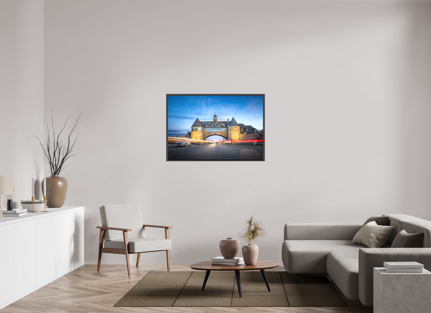 45 x 30″, Matte Canvas Print with Black Wood Floater Frame Narragansett Towers and Light Trails