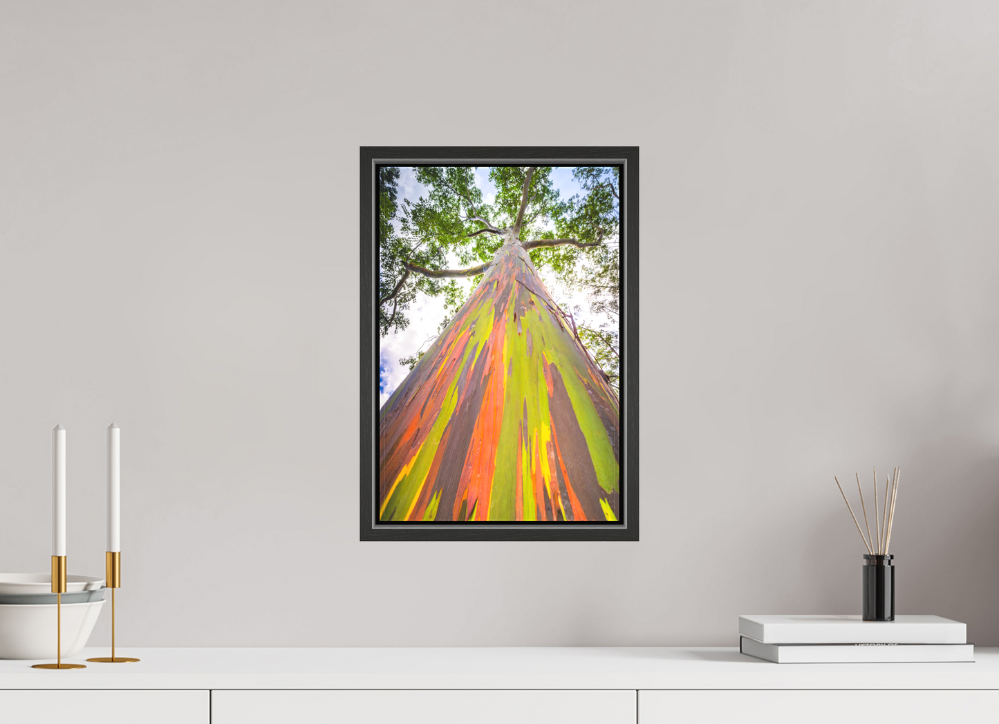 10 x 15″, Matte Canvas Print with Black Wood Floater Frame Rainbow Eucalyptus Tree