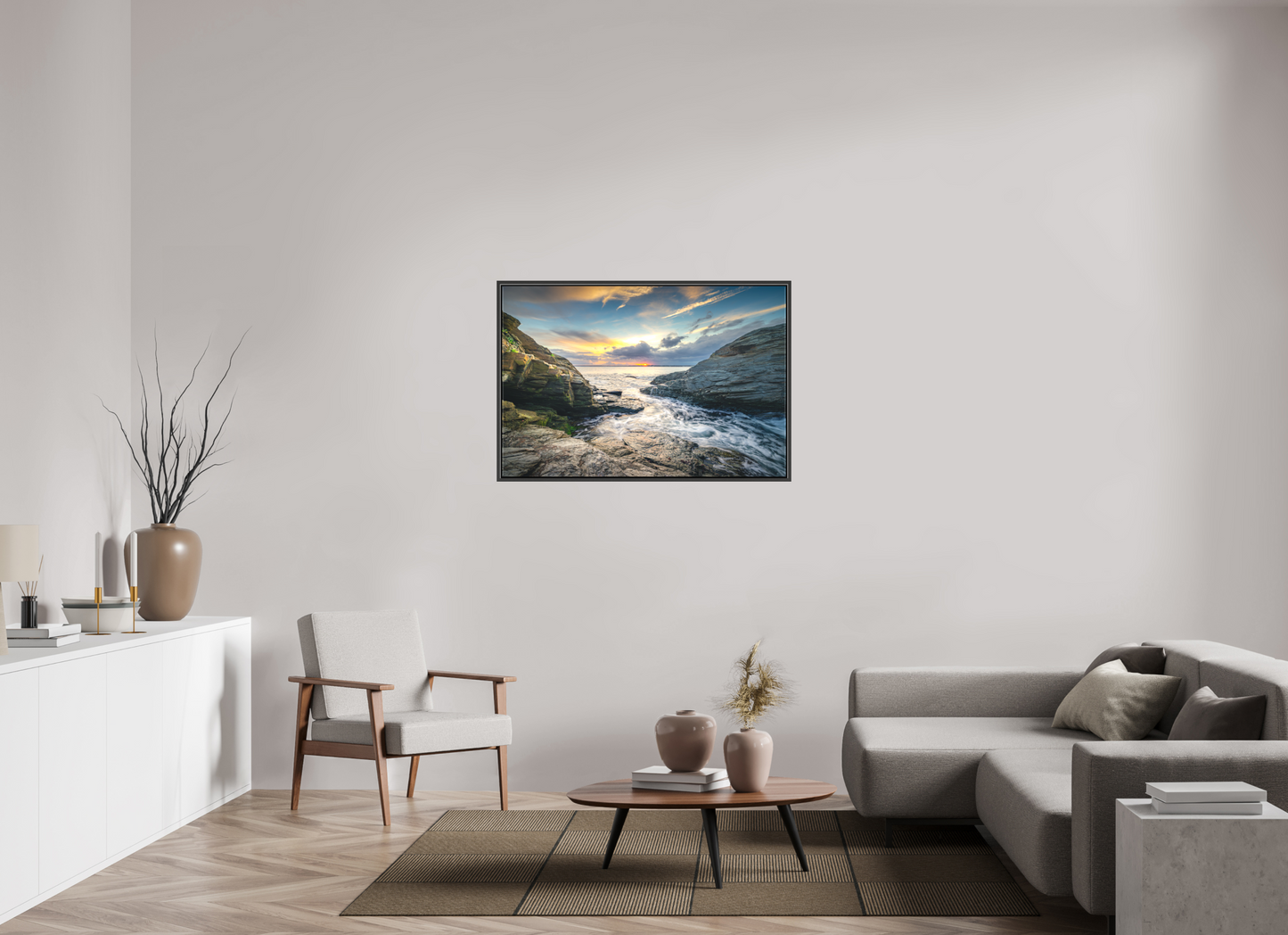 45 x 30″, Matte Canvas Print with Black Wood Floater Frame Vanishing Sun