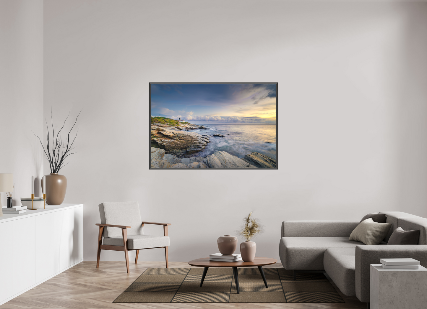 60 x 40″, Matte Canvas Print with Black Wood Floater Frame Twilight at Beavertail Lighthouse
