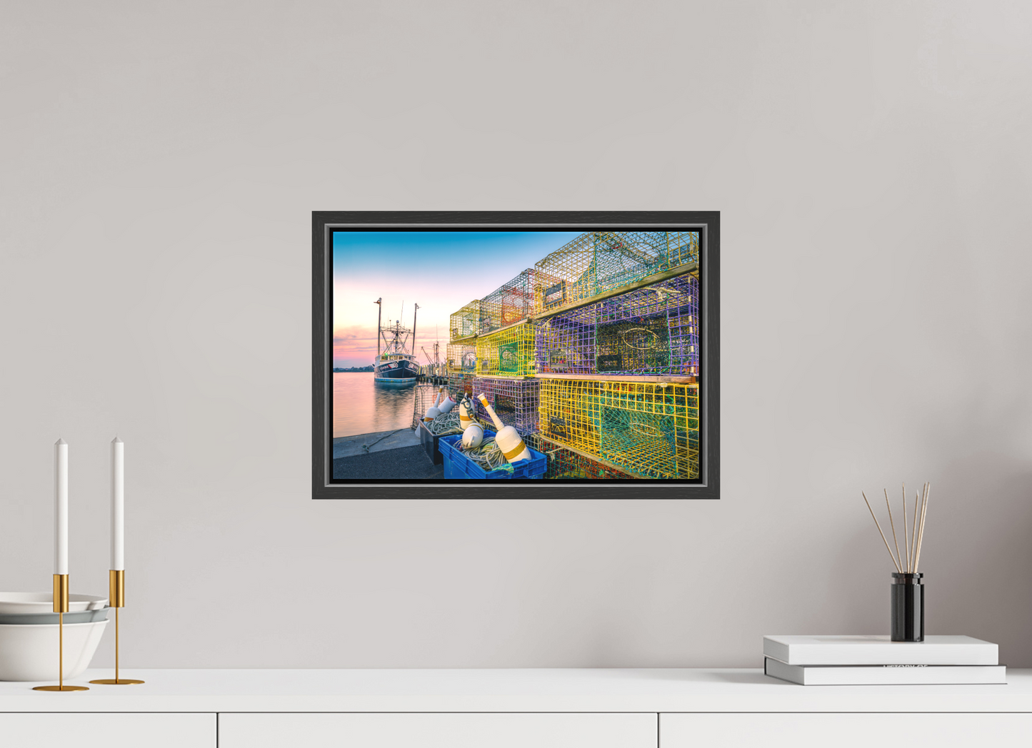 15 x 10″, Matte Canvas Print with Black Wood Floater Frame A Wall of Colorful Lobster Pots