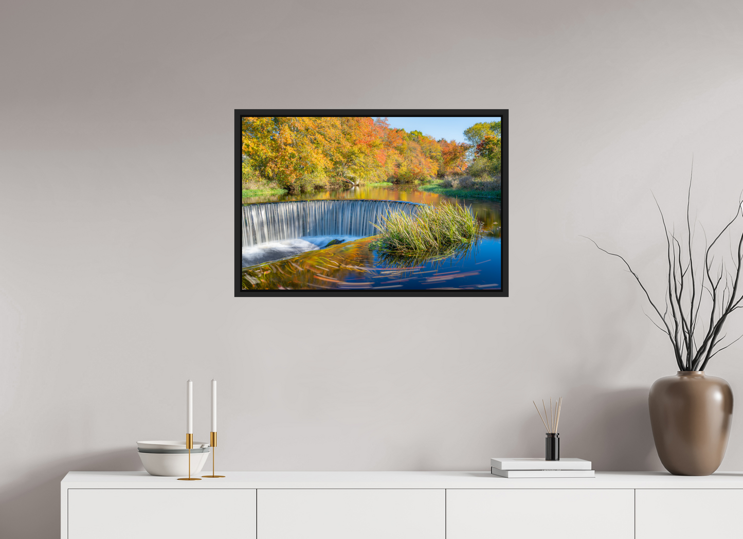 30 x 20″, Photo Print under Acrylic Glass with Black Wood Floater Frame Peak Fall Colors Over Horseshoe Falls