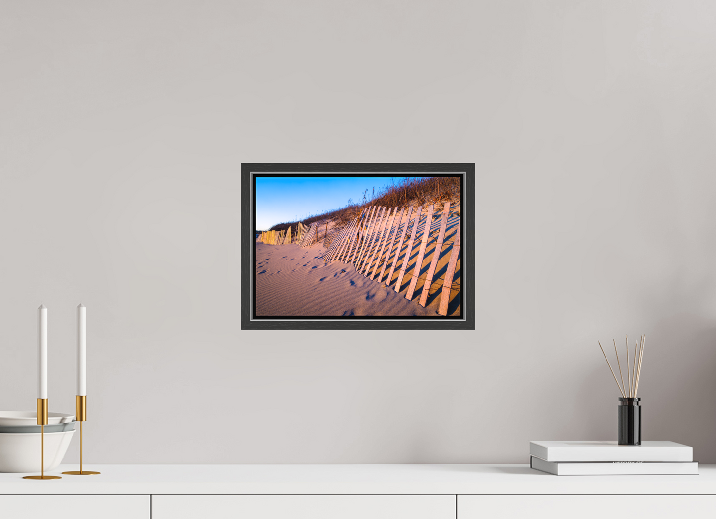 12 x 8″, Matte Canvas Print with Black Wood Floater Frame Sunset Glow on Sand Hill Cove Dunes