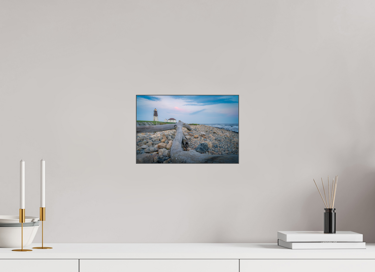 12 x 8″, Premium Photo Print under Acrylic Glass with Black Slimline Case Driftwood at Pt. Judith Lighthouse