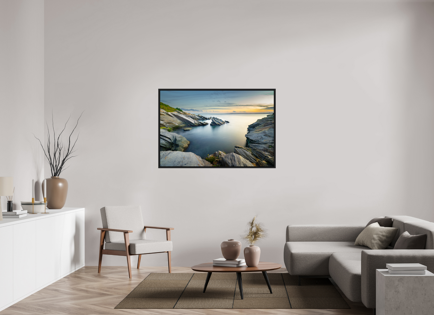 54 x 36″, Photo Print Under Acrylic Glass with Black Wood Floater Frame Sunset and Solitude