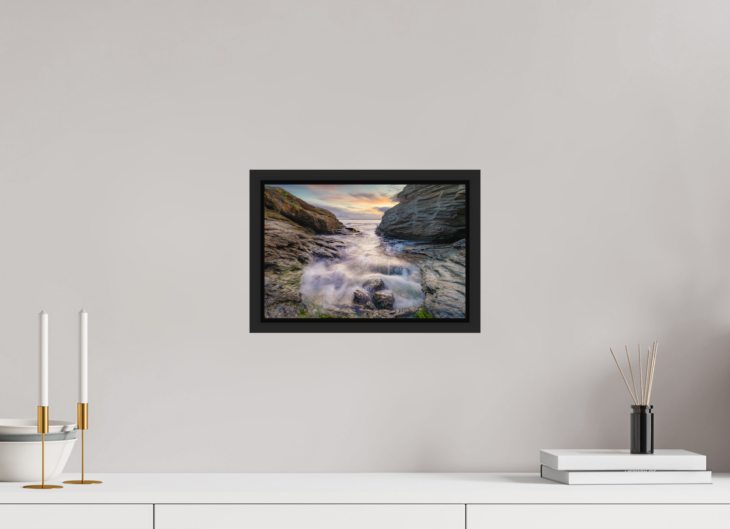 12 x 8″, Photo Print Under Acrylic Glass with Black Wood Floater Frame Waves Approaching