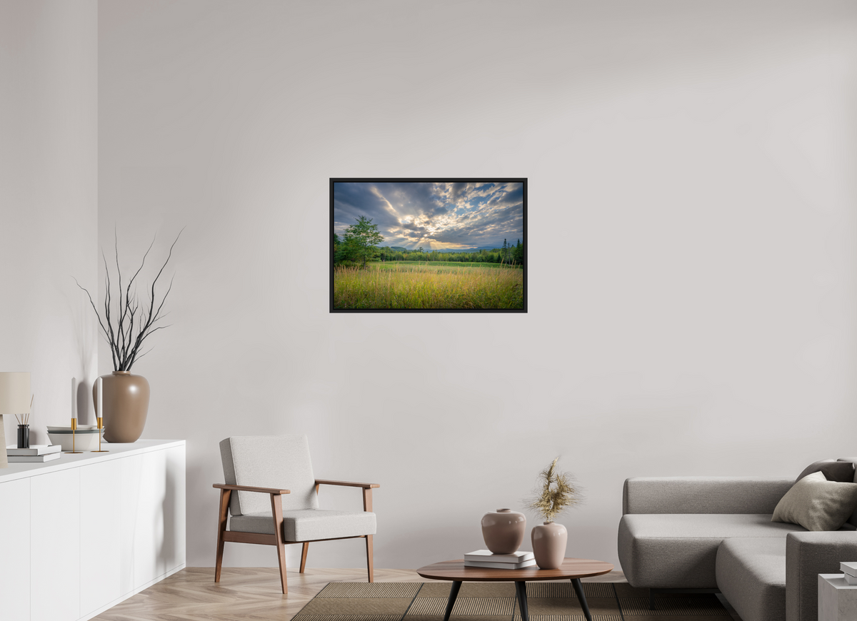 36 x 24″, Premium Photo Print under Acrylic Glass with Black Wood Floater Frame Mountain Sun Rays