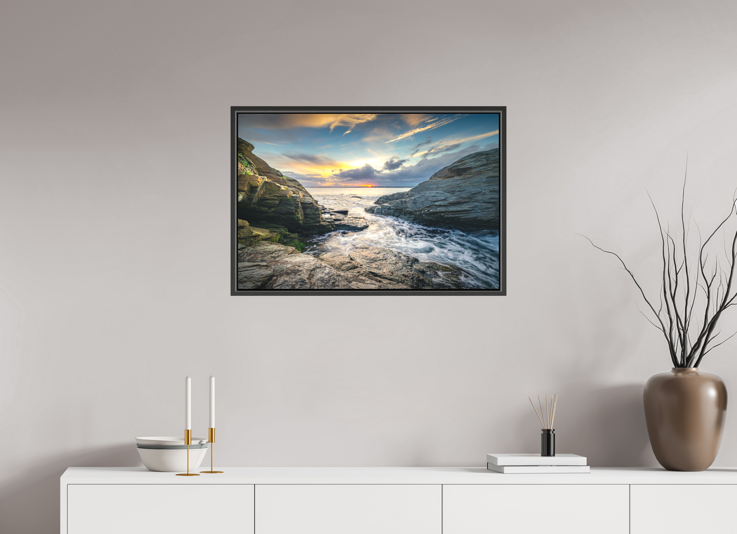 30 x 20″, Matte Canvas Print with Black Wood Floater Frame Vanishing Sun