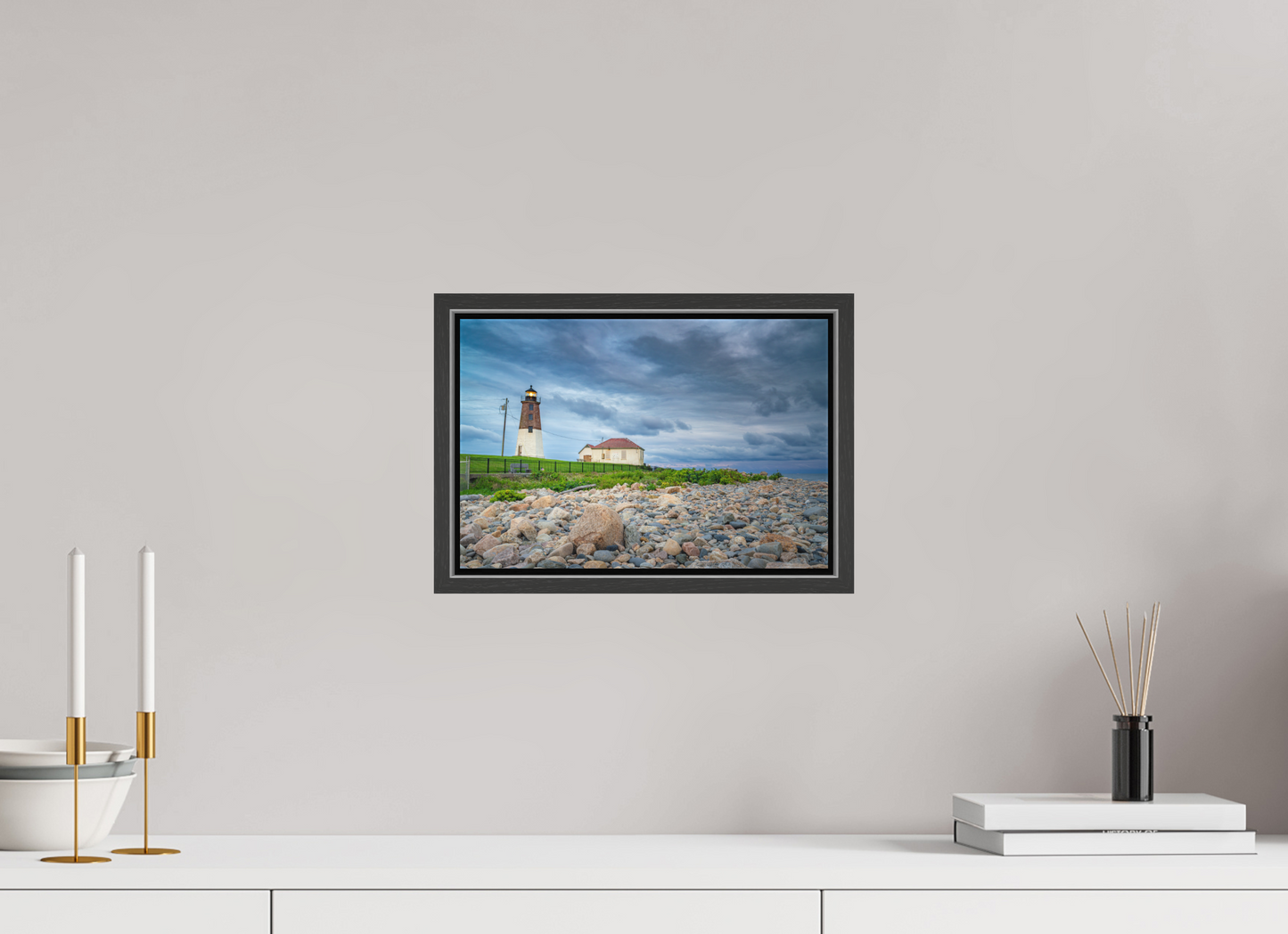 12 x 8″, Matte Canvas Print with Black Wood Floater Frame The Point Judith Lighthouse