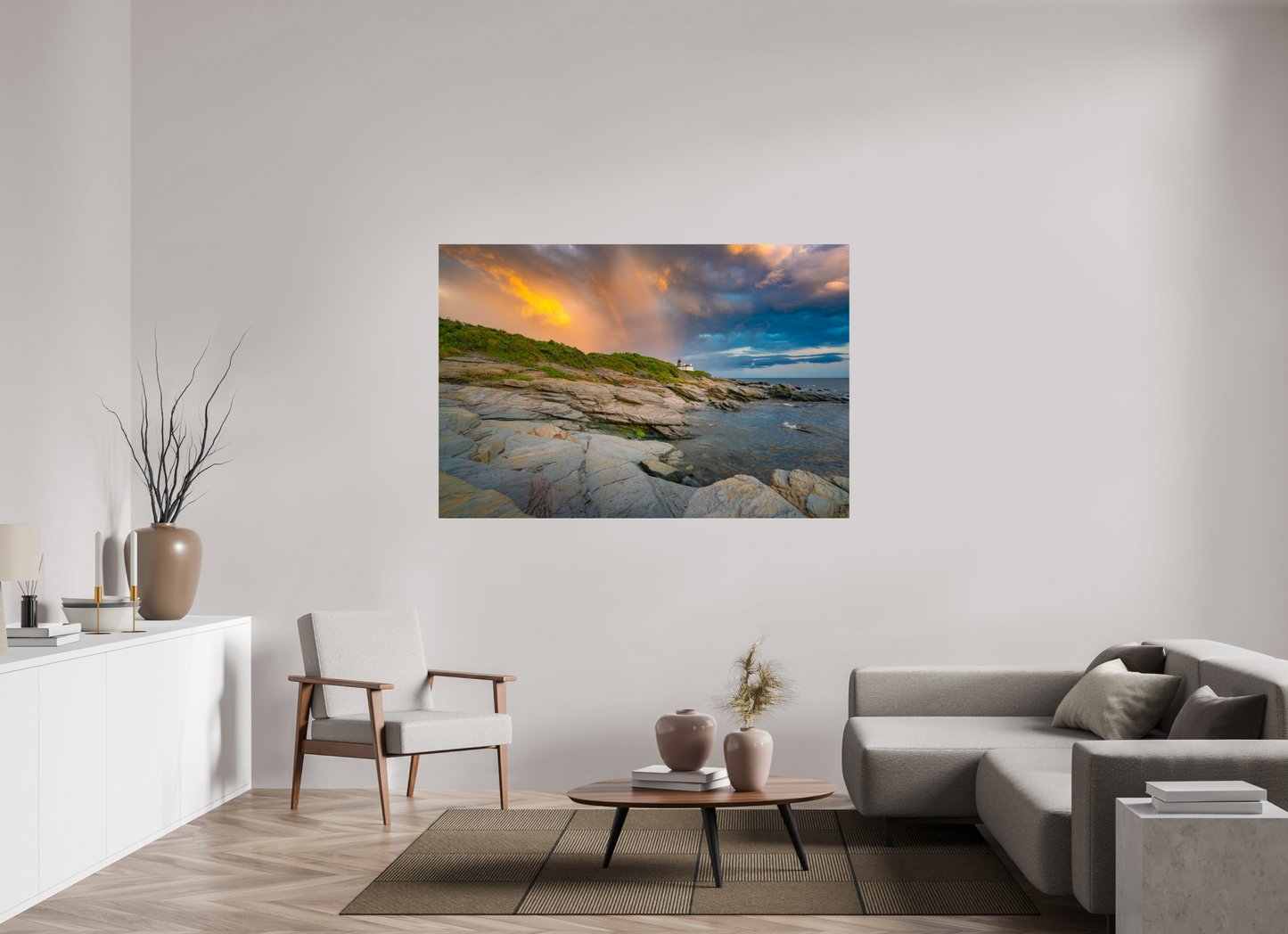 66 x 44″, Premium ChromaLuxe HD Aluminum Metal Print Rainbow Over Beavertail Lighthouse