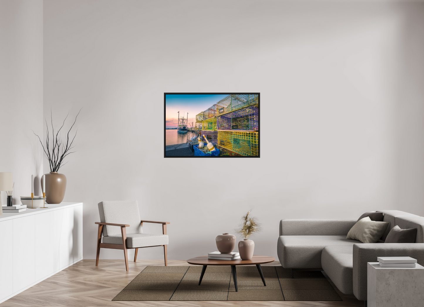 45 x 30″, Premium Photo Print under Acrylic Glass with Black Wood Floater Frame A Wall of Colorful Lobster Pots
