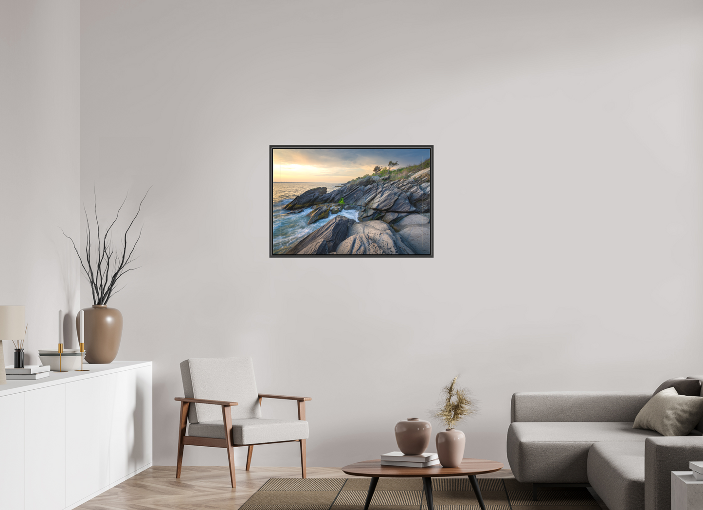 36 x 24″, Matte Canvas Print with Black Wood Floater Frame Sunset Glow at Beavertail
