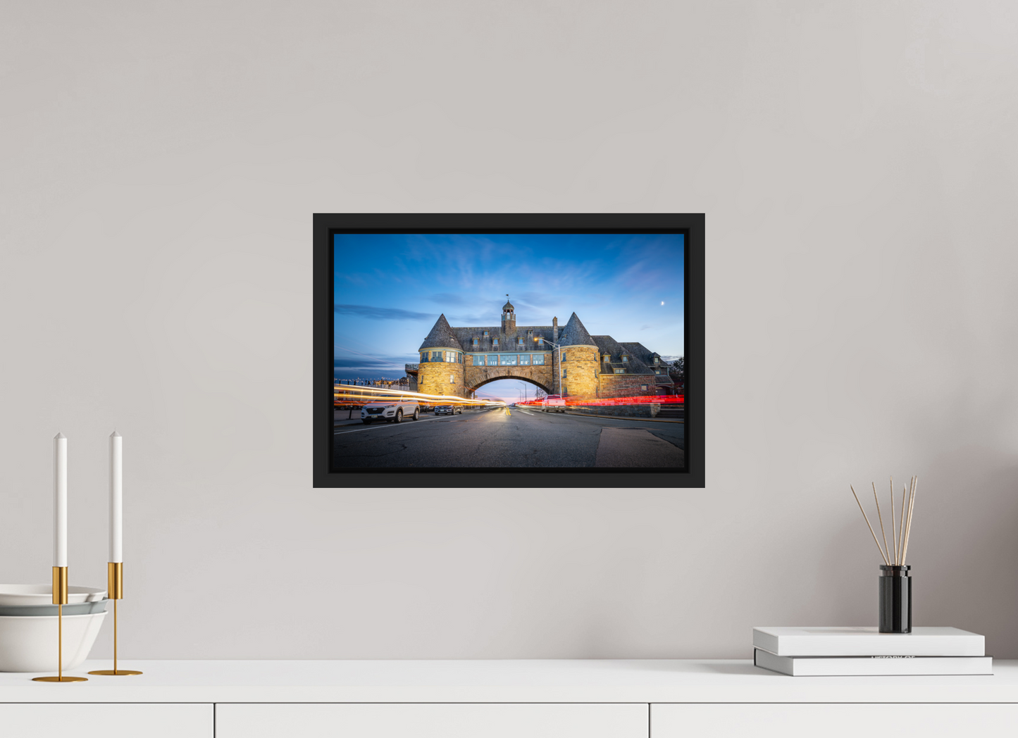 15 x 10″, Photo Print under Acrylic Glass with Black Wood Floater Frame Narragansett Towers and Light Trails