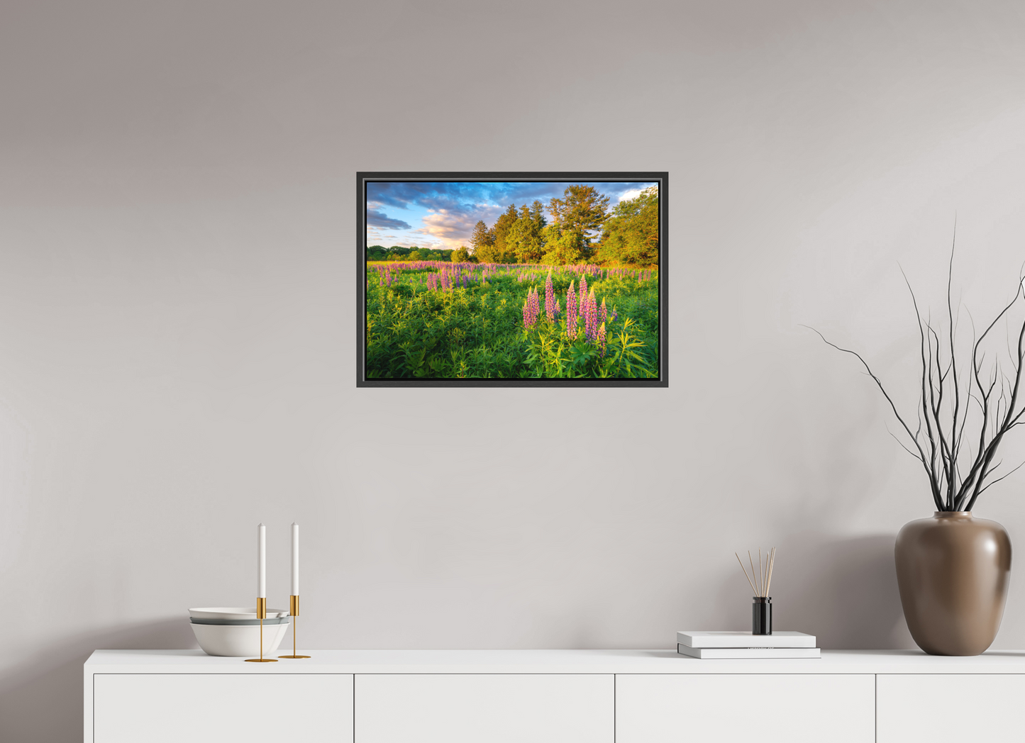 24 x 16″, Matte Canvas Print with Black Wood Floater Frame Lupines at Golden Hour