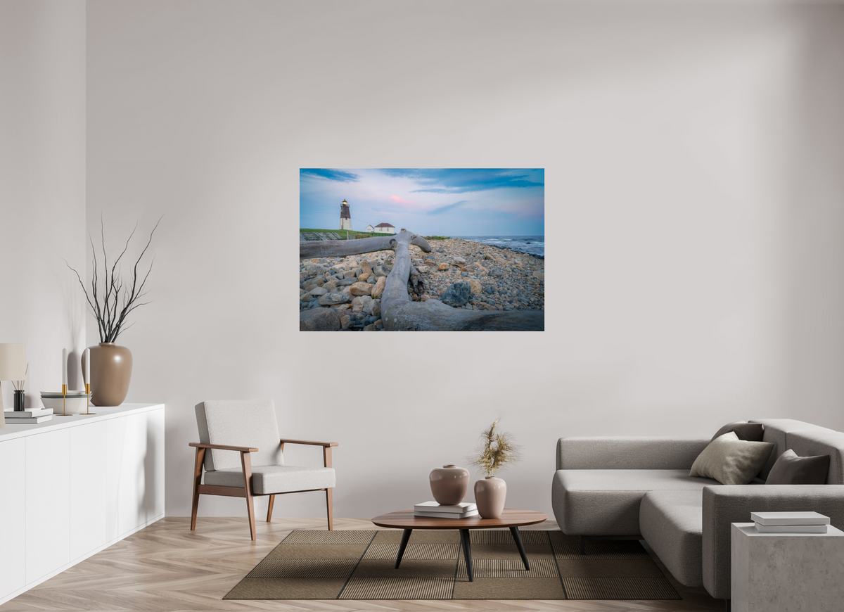 60 x 40″, Premium Photo Print under Acrylic Glass Driftwood at Pt. Judith Lighthouse