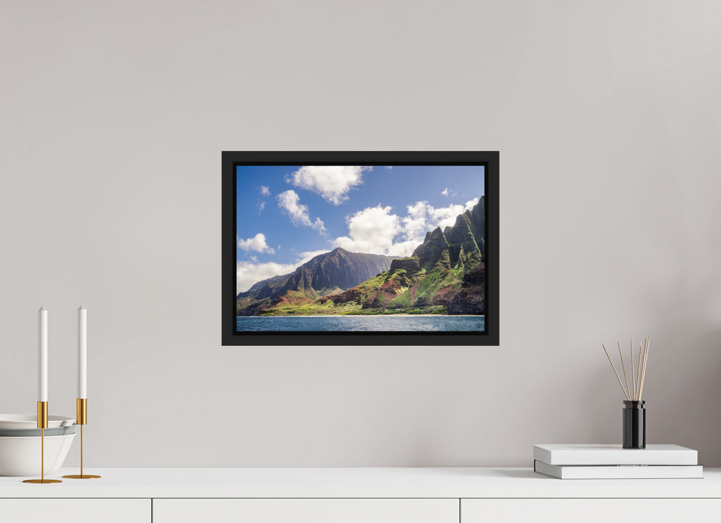 15 x 10″, Photo Print under Acrylic Glass with Black Wood Floater Frame The Napali Coast