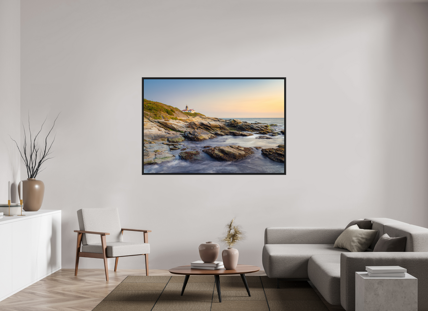 66 x 44″, Photo Print under Acrylic Glass with Black Wood Floater Frame Beavertail Lighthouse