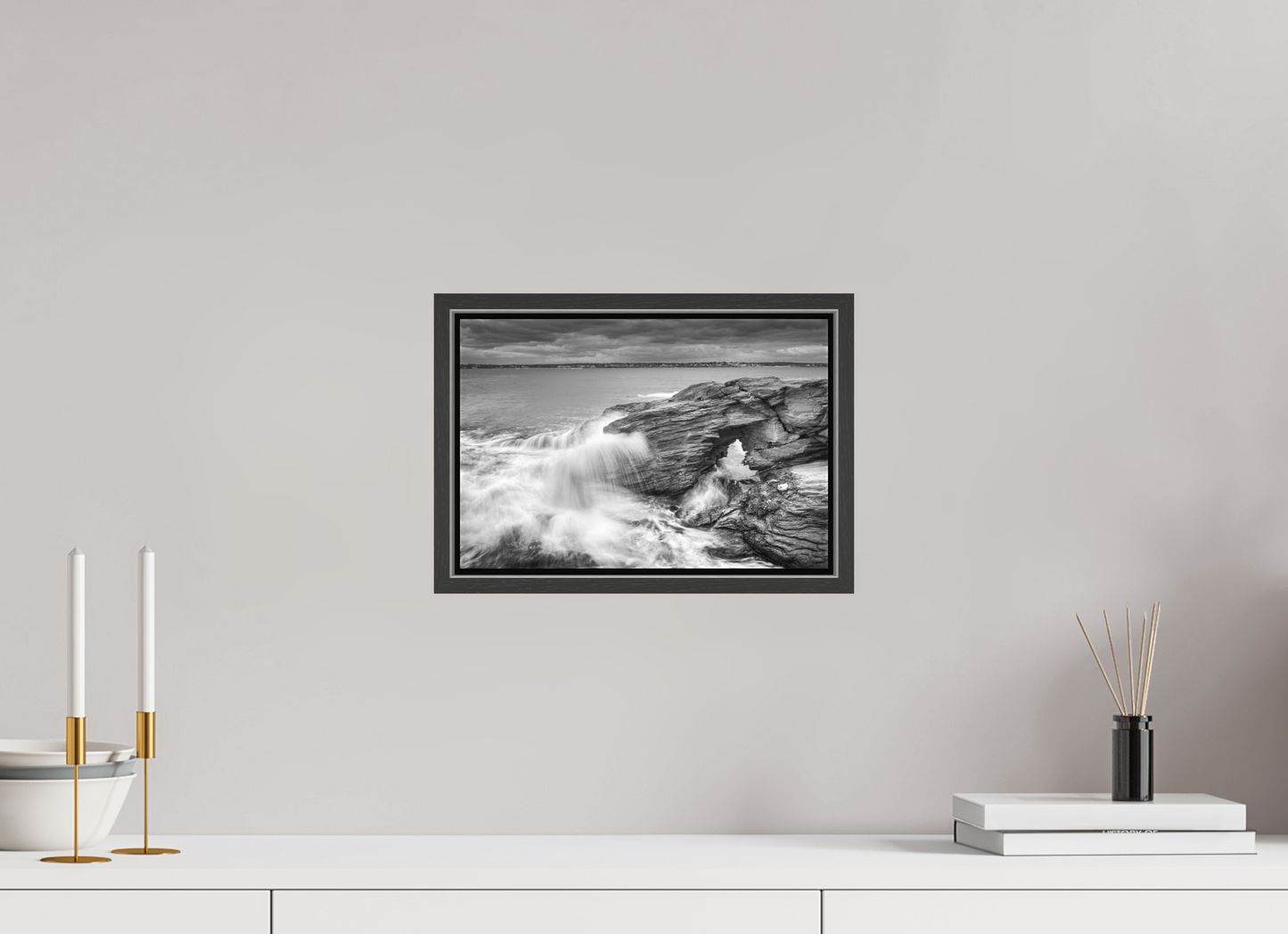 12 x 8″, Matte Canvas Print with Black Wood Floater Frame Waves Over Arches