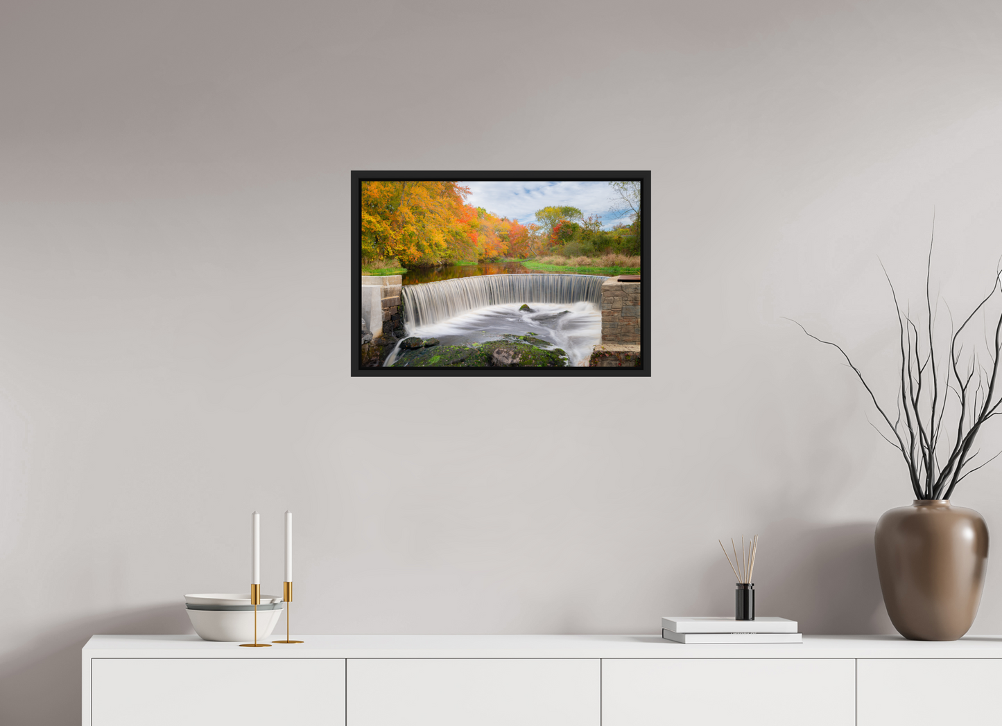 24 x 16″, ChromaLuxe HD Metal Print with Black Wood Floater Frame Autumn at Horseshoe Falls