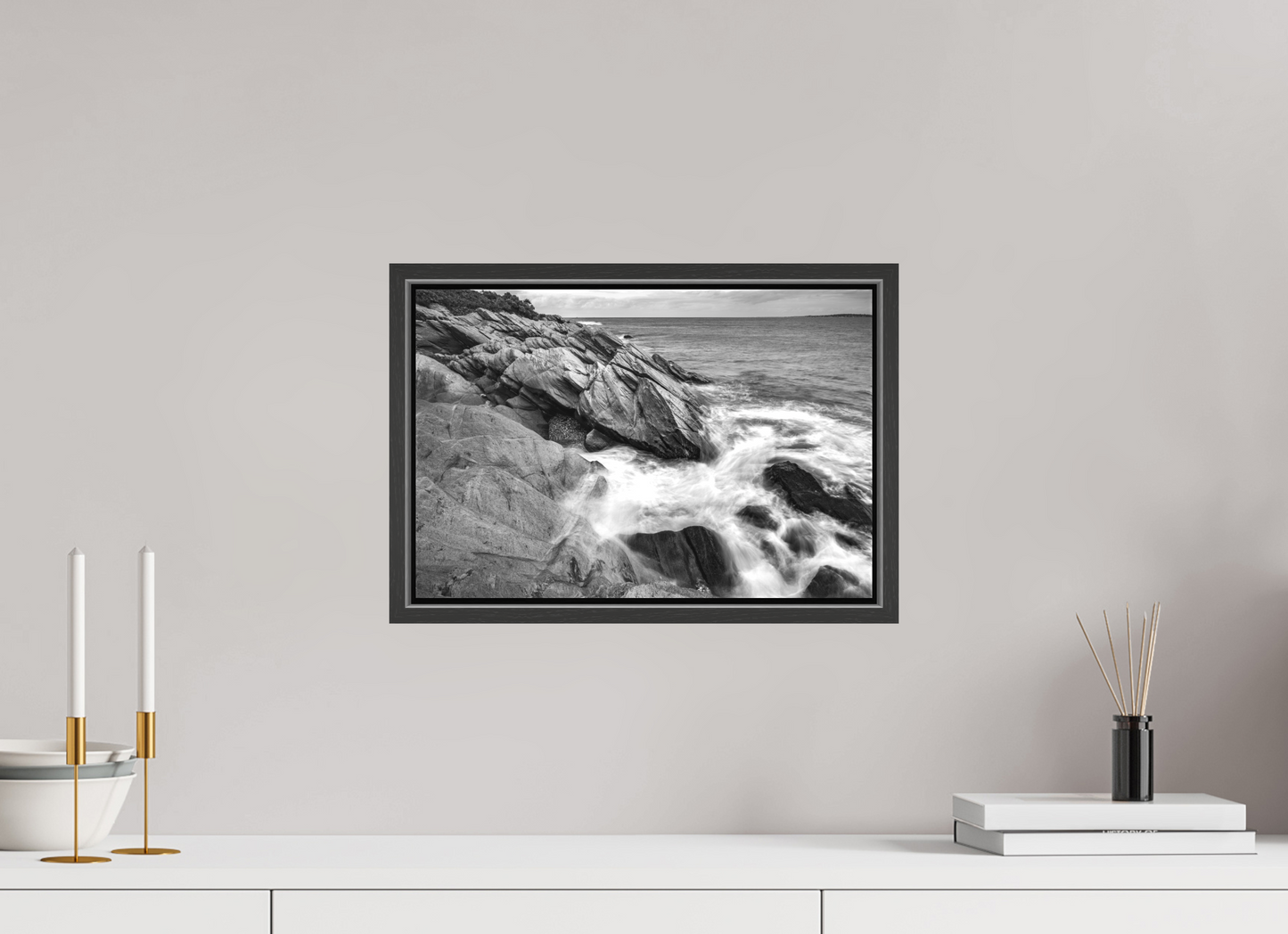 15 x 10″, Matte Canvas Print with Black Wood Floater Frame Beavertail Cliffs