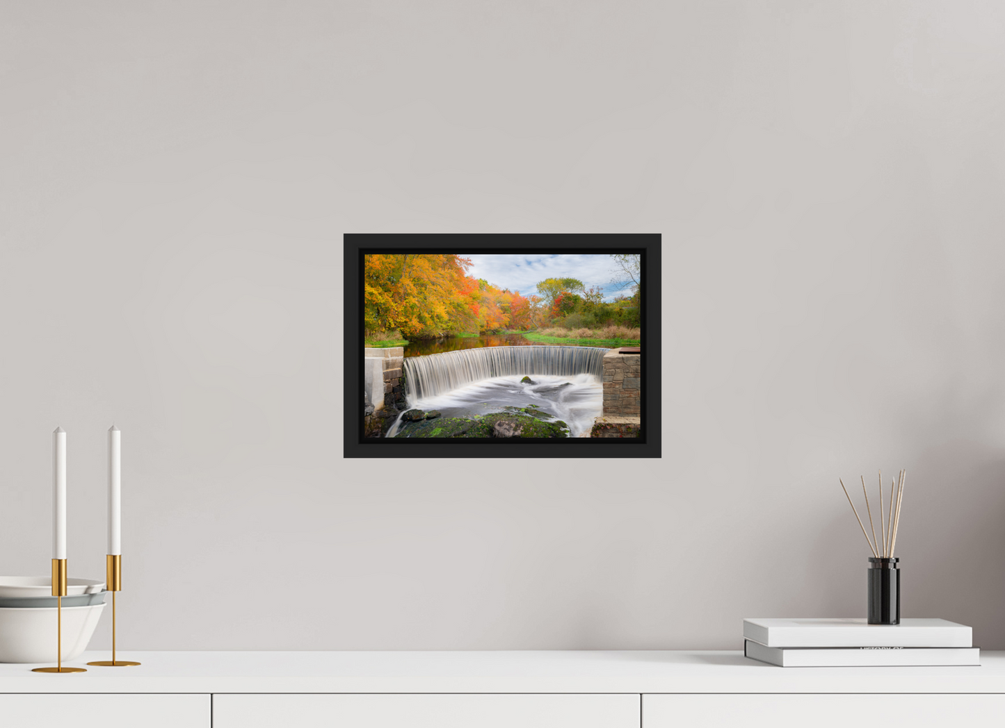12 x 8″, ChromaLuxe HD Metal Print with Black Wood Floater Frame Autumn at Horseshoe Falls