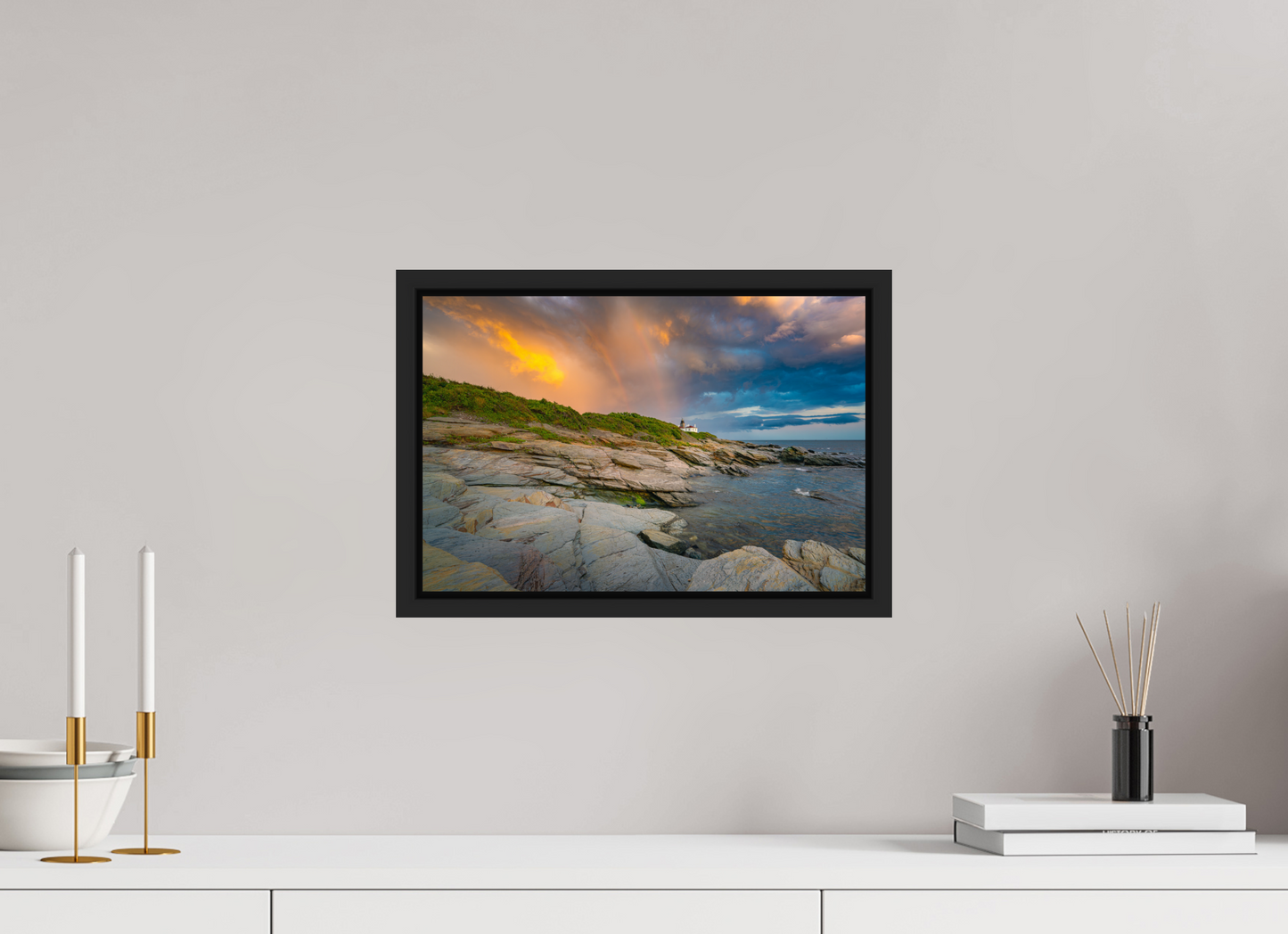 15 x 10″, Premium Photo Print under Acrylic Glass with Black Wood Floater Frame Rainbow Over Beavertail Lighthouse