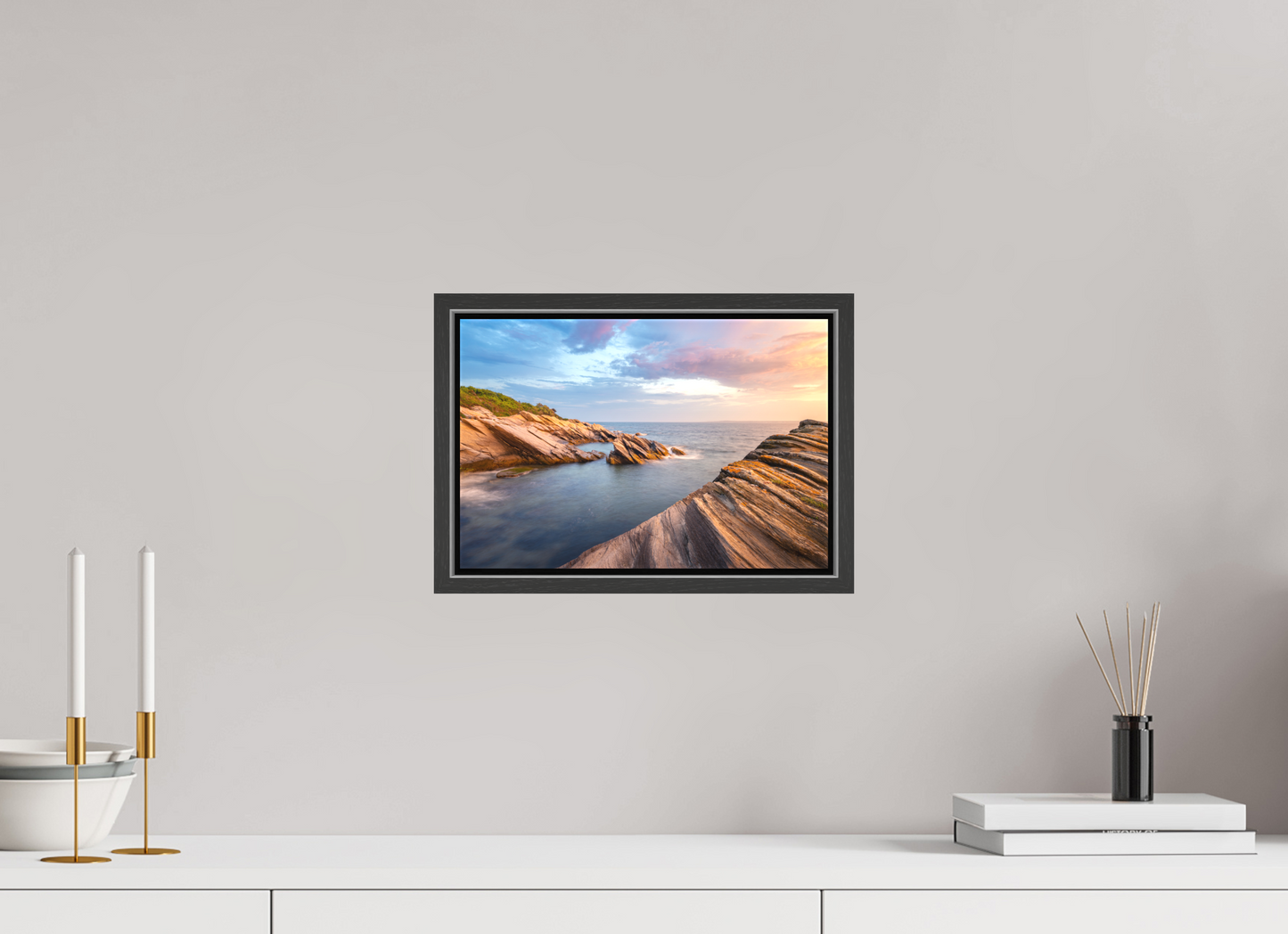12 x 8″, Matte Canvas Print with Black Wood Floater Frame Favorite Spot at Beavertail