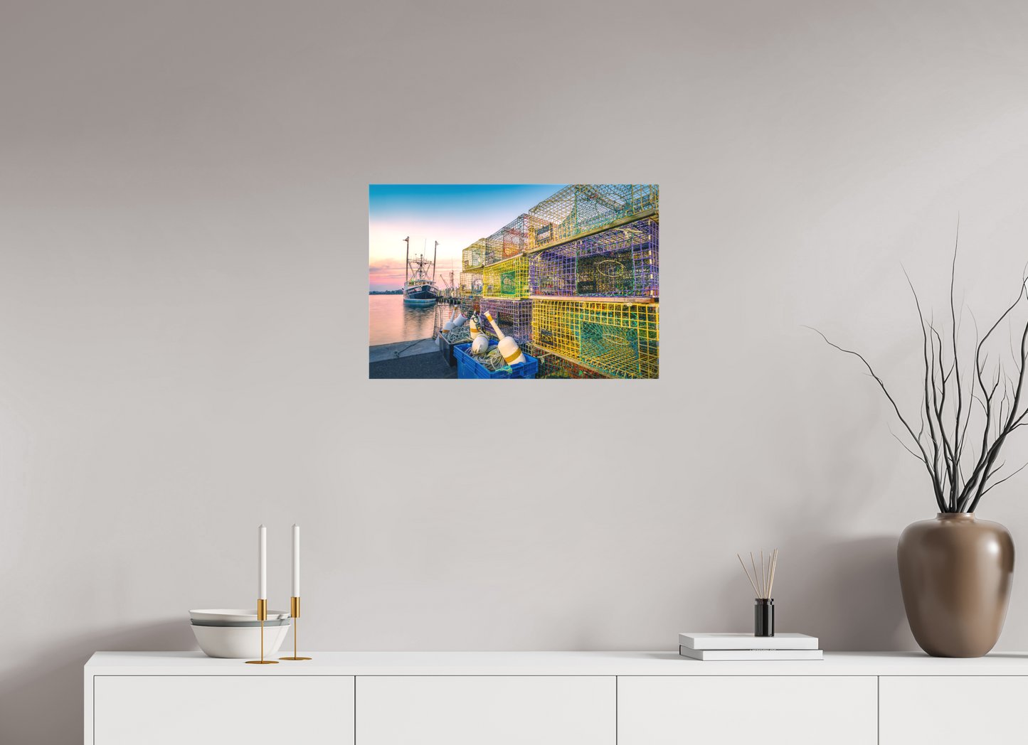 24 x 16″, Matte Canvas Print A Wall of Colorful Lobster Pots