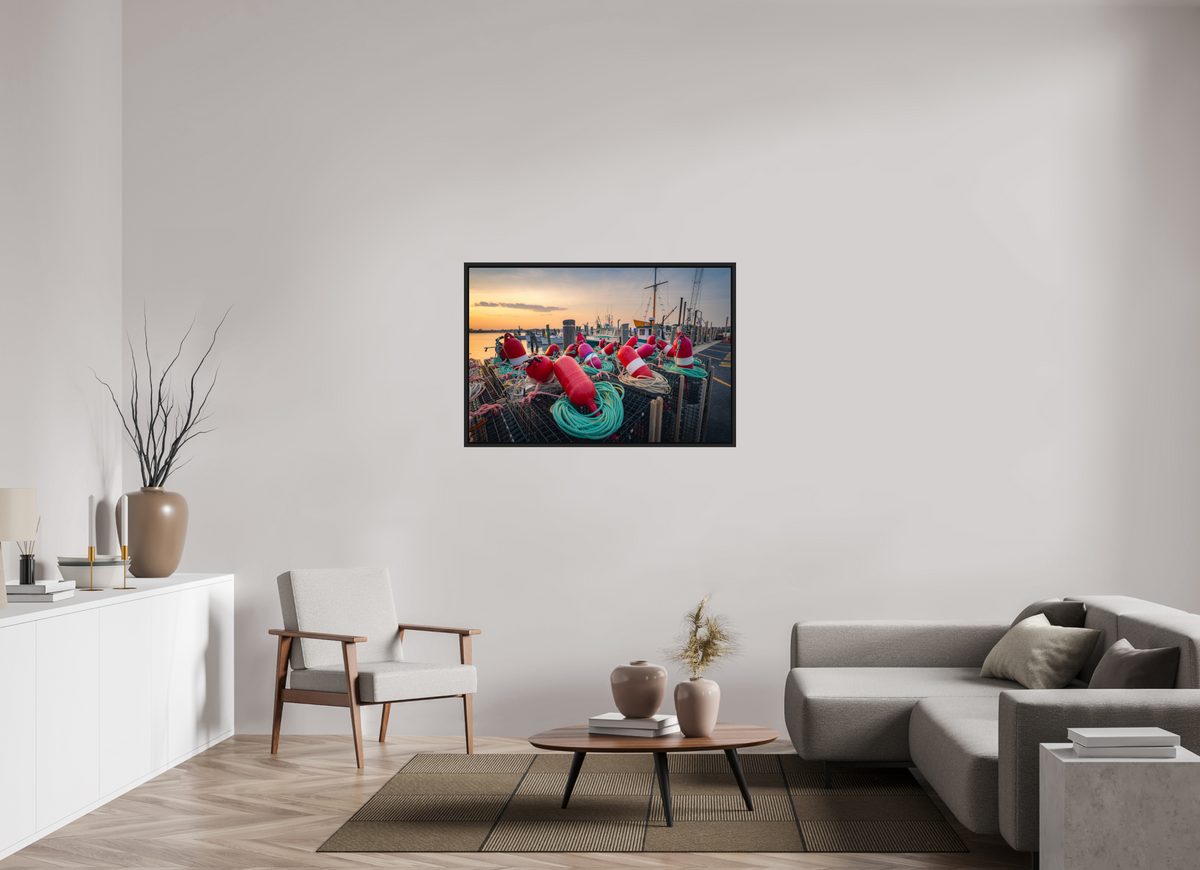 45 x 30″, Premium ChromaLuxe HD Aluminum Metal Print with Black Wood Floater Frame Buoys, Boats, and Lobster Pots