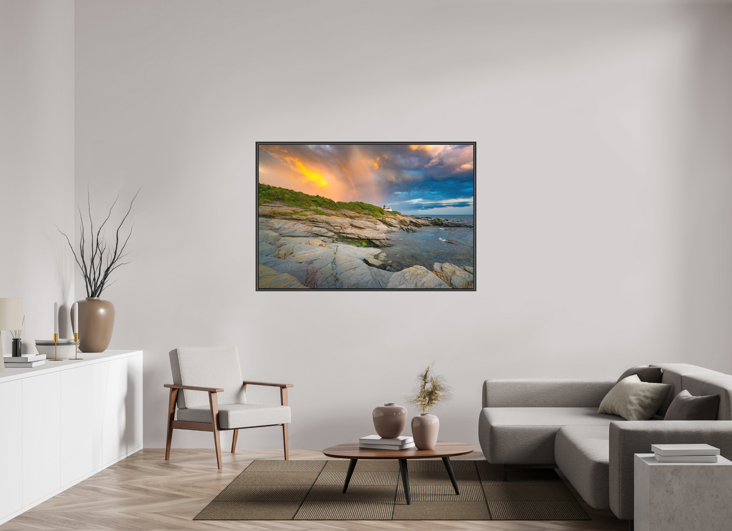 60 x 40″, Matte Canvas Print with Black Wood Floater Frame Rainbow Over Beavertail Lighthouse