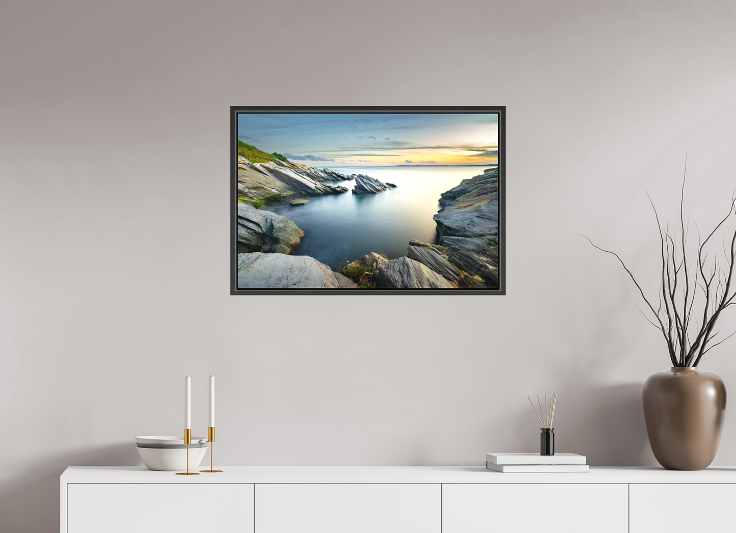 30 x 20″, Matte Canvas Print with Black Wood Floater Frame Sunset and Solitude