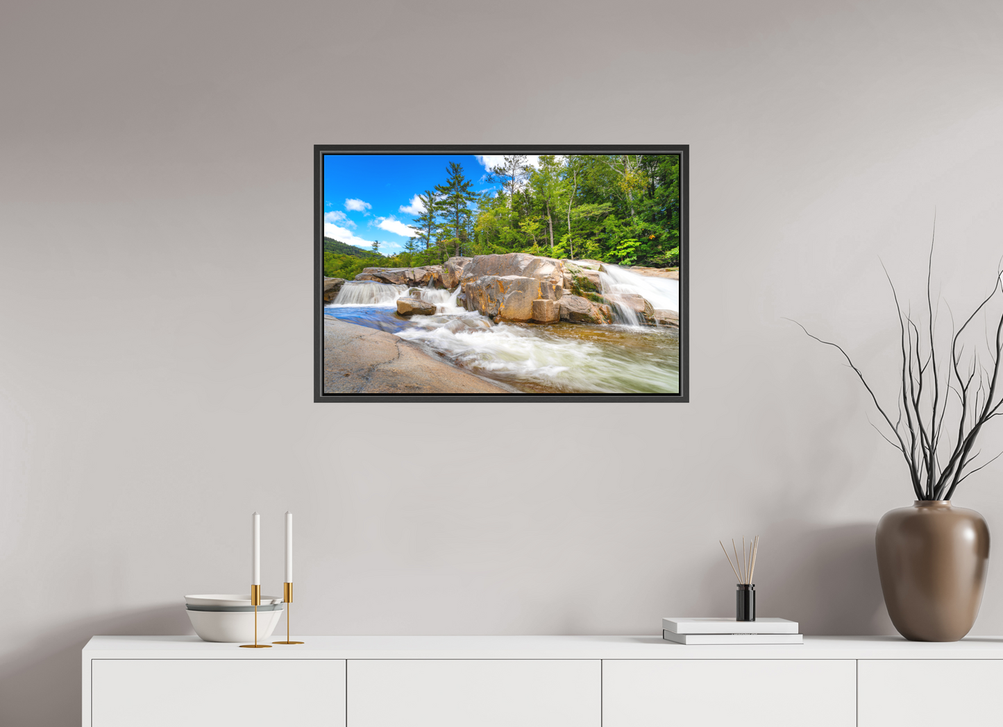 30 x 20″, Matte Canvas Print with Black Wood Floater Frame Kancamagus Waterfall