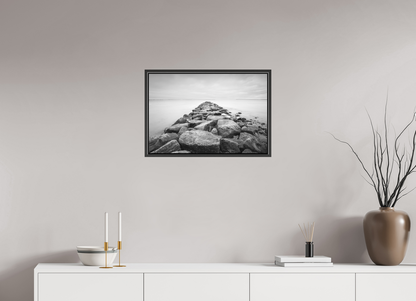 24 x 16″, Matte Canvas Print with Black Wood Floater Frame Sand Hill Cove Rocks