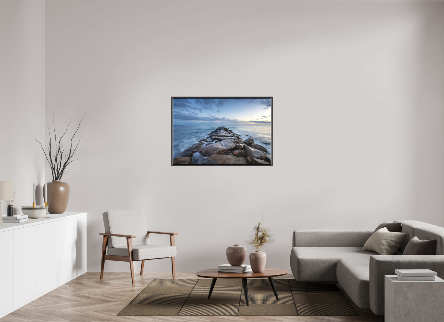 45 x 30″, Matte Canvas Print with Black Wood Floater Frame Roger Wheeler State Beach at Blue Hour