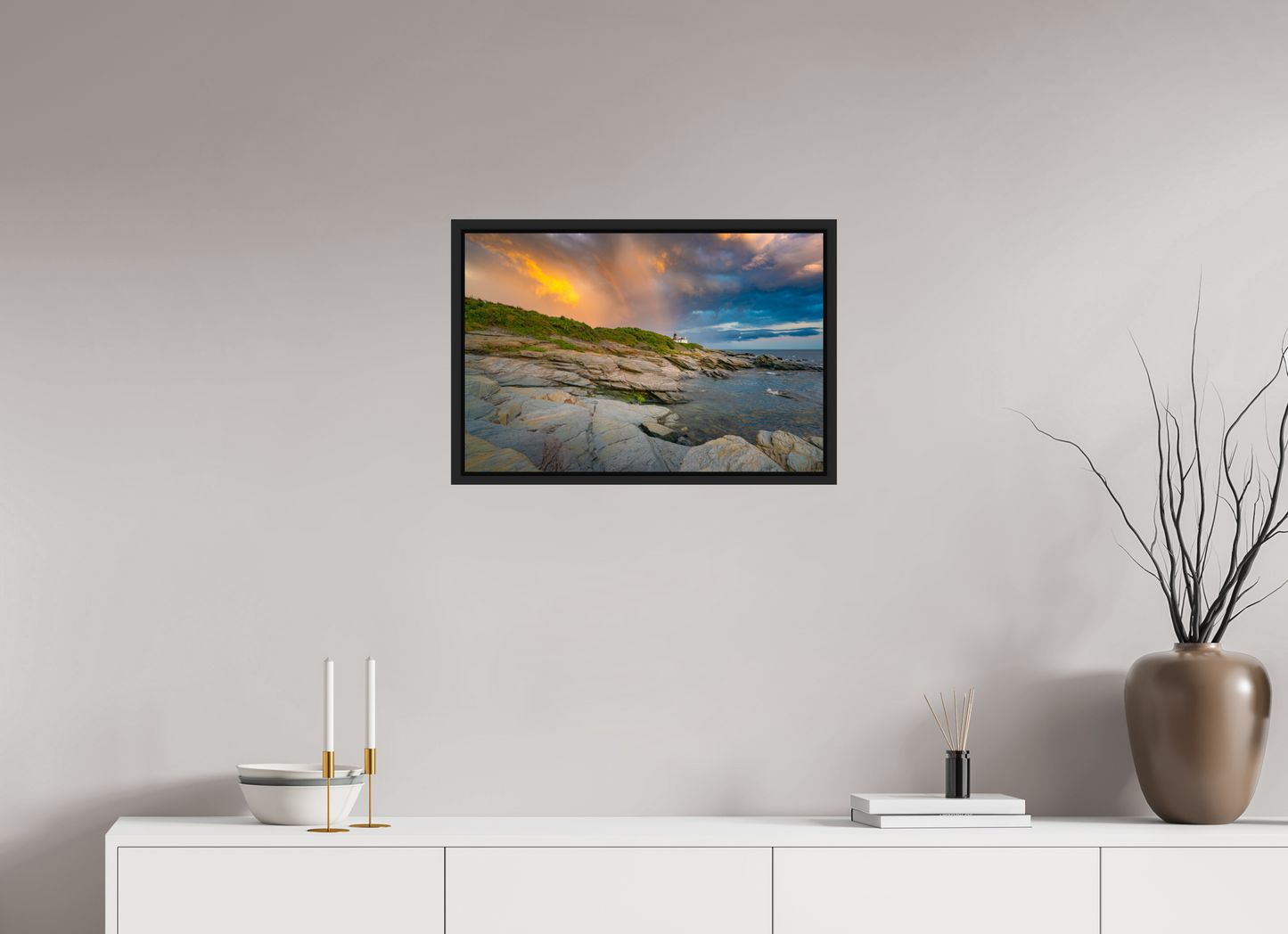 24 x 16″, Premium ChromaLuxe HD Aluminum Metal Print with Black Wood Floater Frame Rainbow Over Beavertail Lighthouse