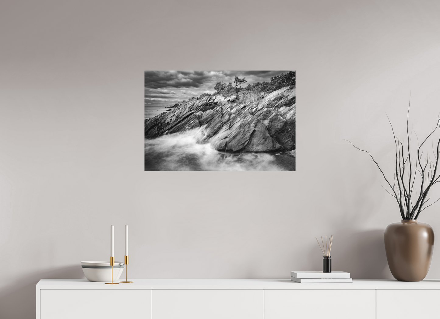 30 x 20″, Matte Photo Print on Fuji Crystal DP II Rough Seas Against Beavertail Cliffs