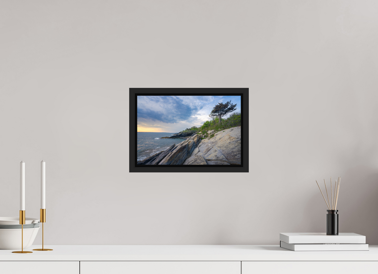 12 x 8″, Premium ChromaLuxe HD Aluminum Metal Print with Black Wood Floater Frame Rain in the Distance at Beavertail