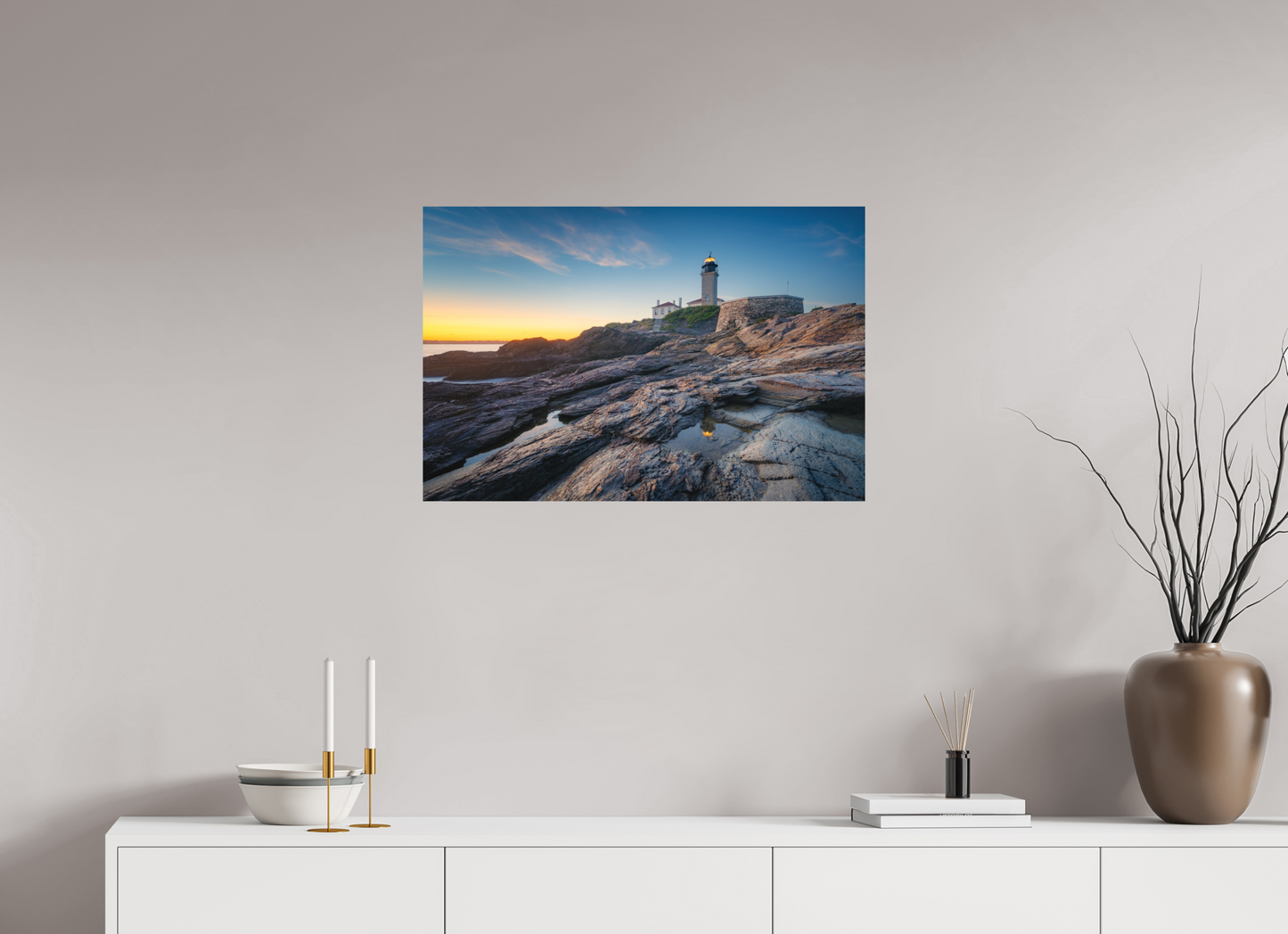 30 x 20″, Basic Matte Photo Print on Fuji Crystal DP II Paper Beavertail Lighthouse Tide Pool Reflection