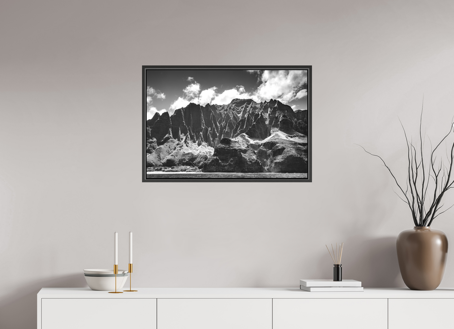 30 x 20″, Matte Canvas Print with Black Wood Floater Frame Rugged Coastline Along the Napali Coast