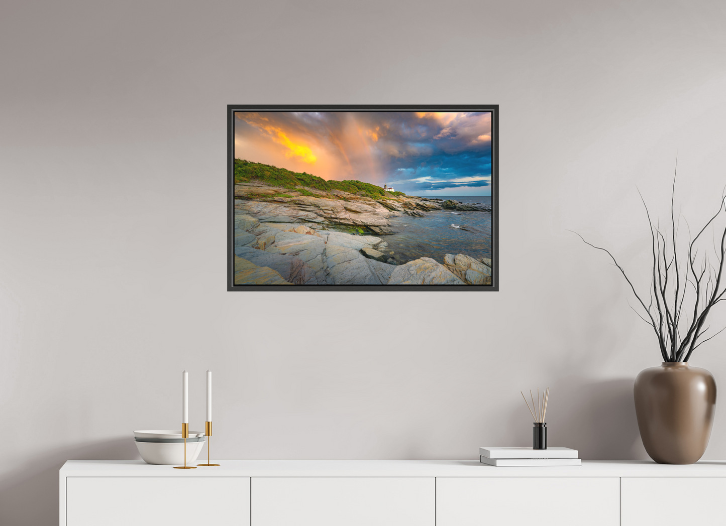 30 x 20″, Matte Canvas Print with Black Wood Floater Frame Rainbow Over Beavertail Lighthouse