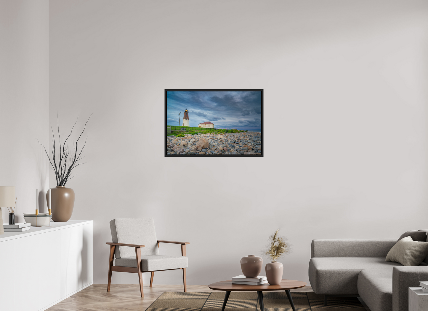 36 x 24″, Photo Print under Acrylic Glass with Black Wood Floater Frame The Point Judith Lighthouse